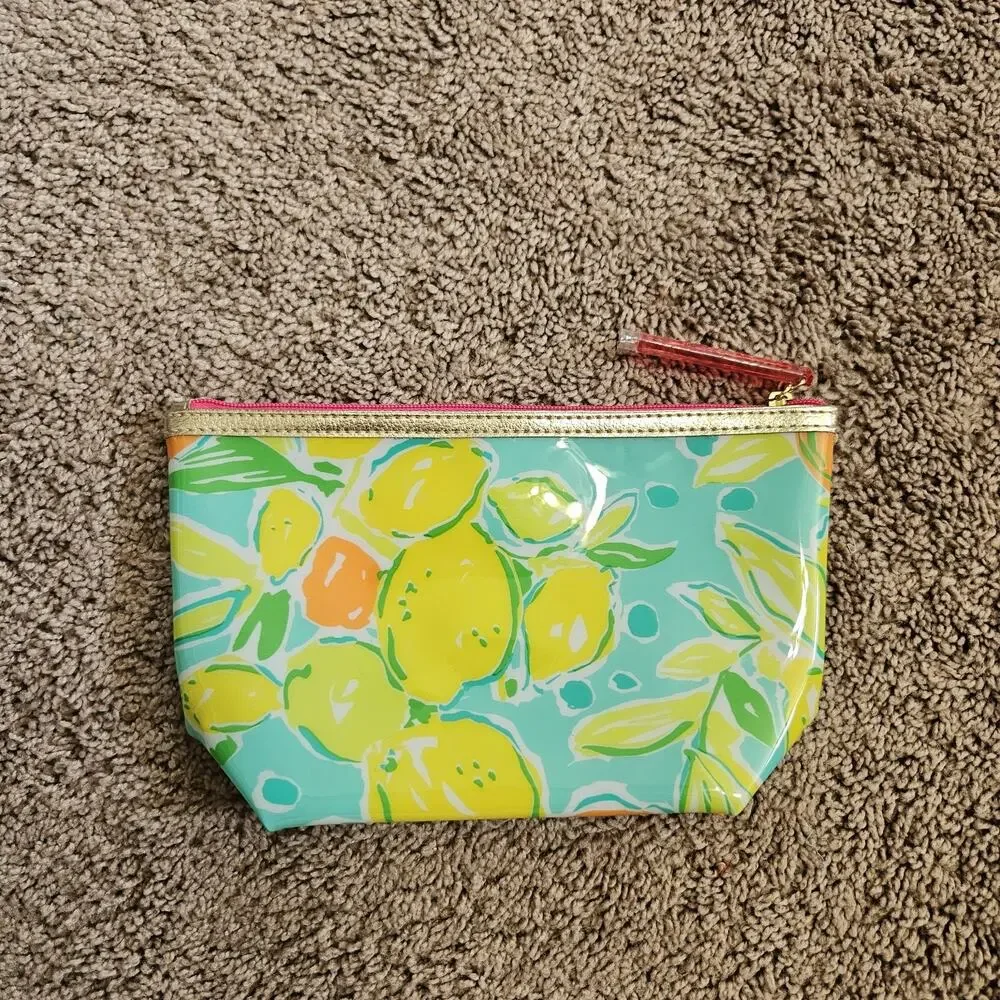 Lilly Pulitzer Orange Print Estee Lauder PVC Cosmetic Makeup Bag Green Pink